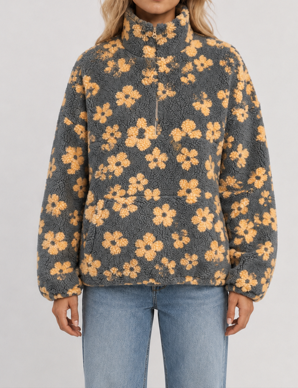 Ladies Casual Floral Pattern Zipper Front Fleece Pullover Sweatshirt