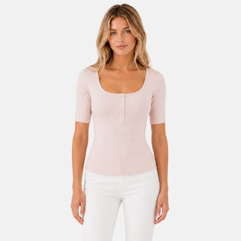 Ladies Scoop Neck Button Short Sleeve Top