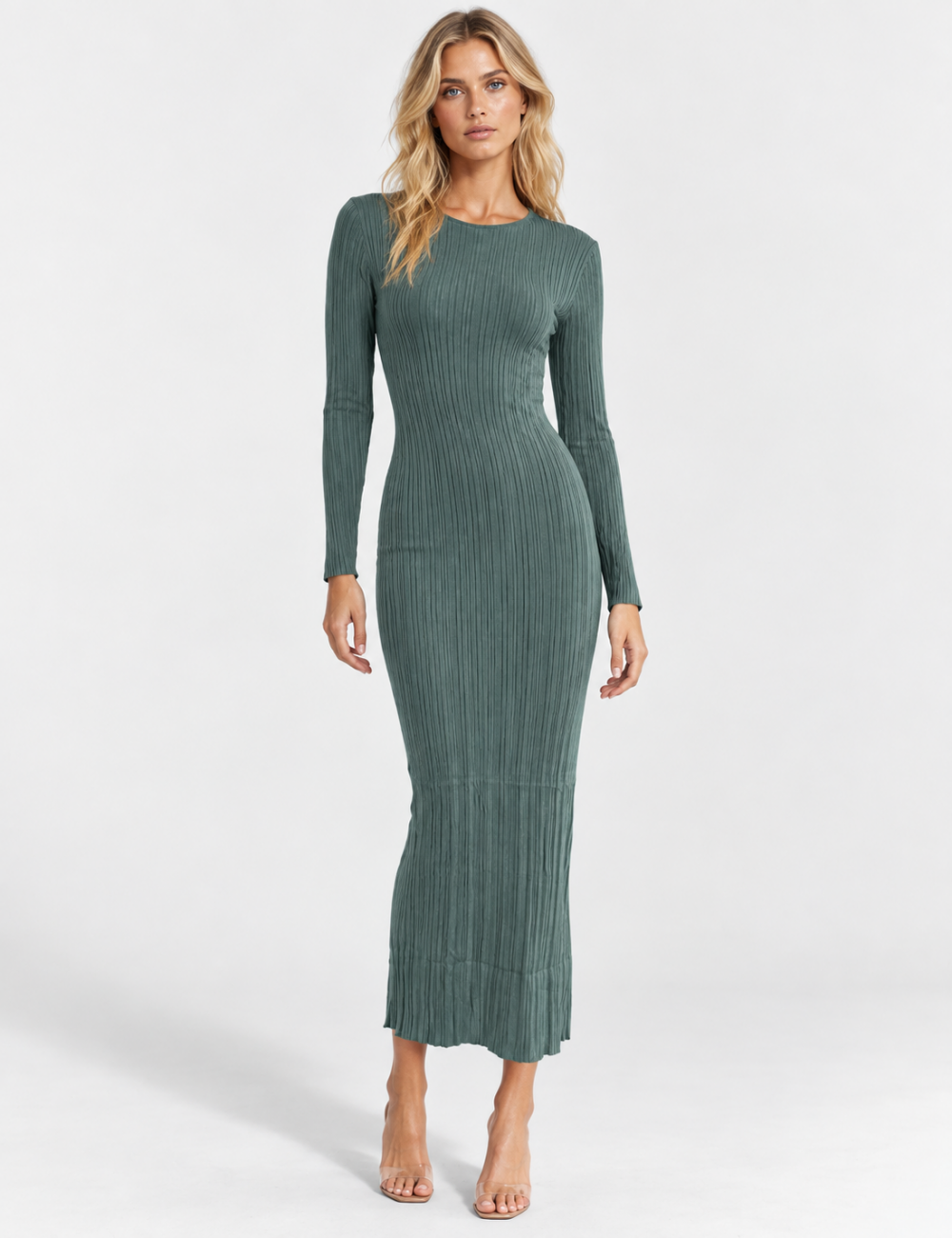 Ladies Boat Neck Ribbed Knit Bodycon Maxi Dress