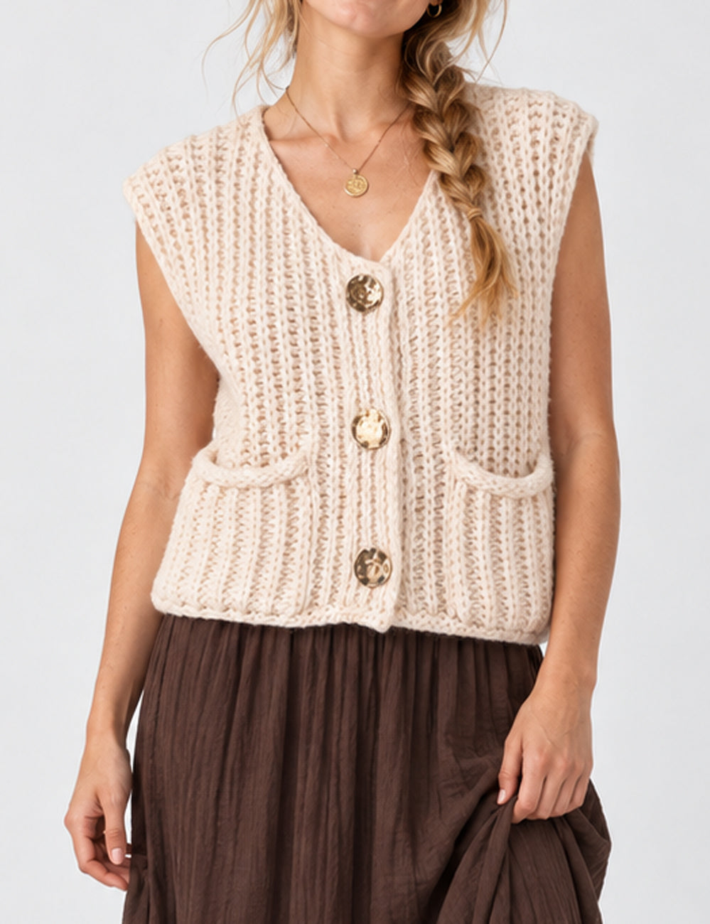 Ladies Solid Color Sleeveless Button Front Sweater Vest