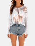 Ladies Long Sleeve Knit Mesh Hollow Out Cropped Cover Up