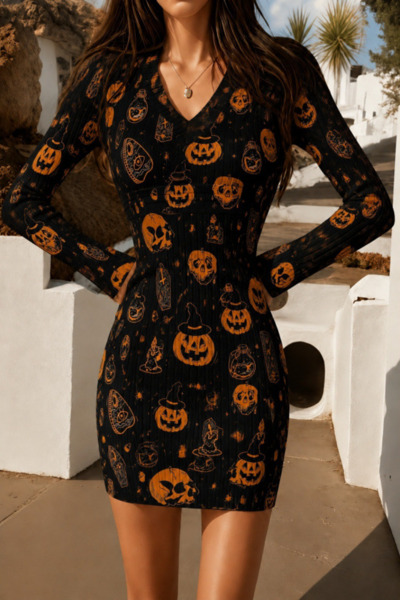 Women Fall Clothing Halloween Pumpkin Ribbed Bodycon Dress