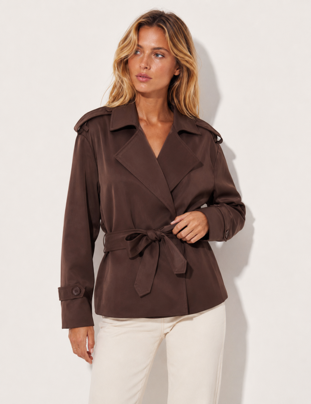 Ladies Lapel Collar Belted Short Trench Coat
