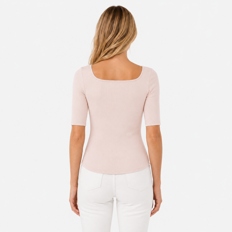 Ladies Scoop Neck Button Short Sleeve Top