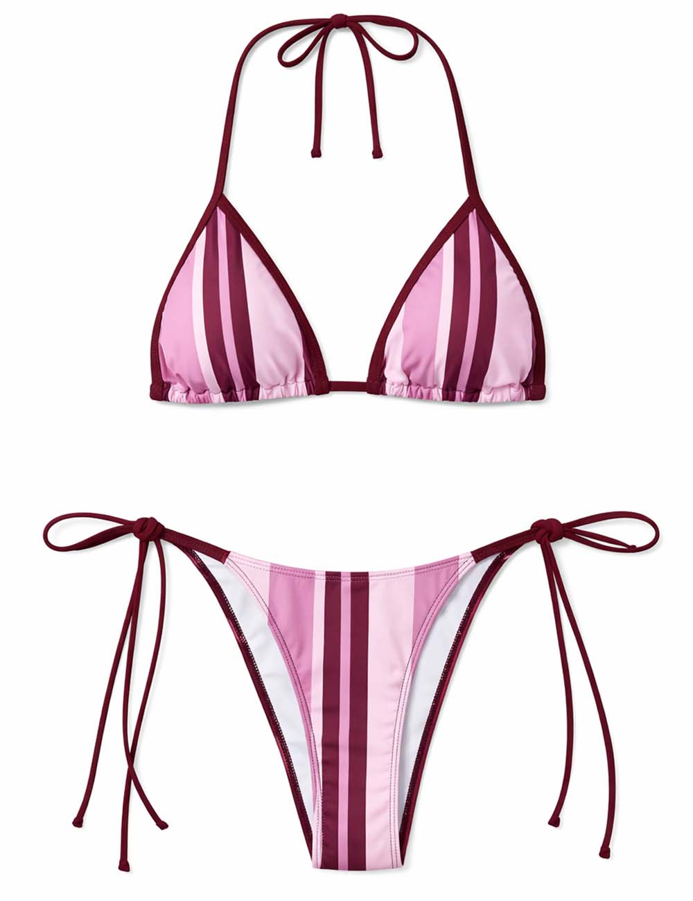Ladies Striped Halter Neck Lace-Up Triangle Bikini Set