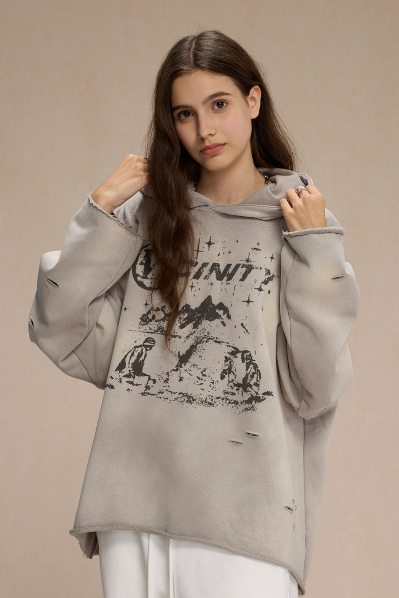 Women's Fall Clothing Distressed Frayed-Edged Hoodie