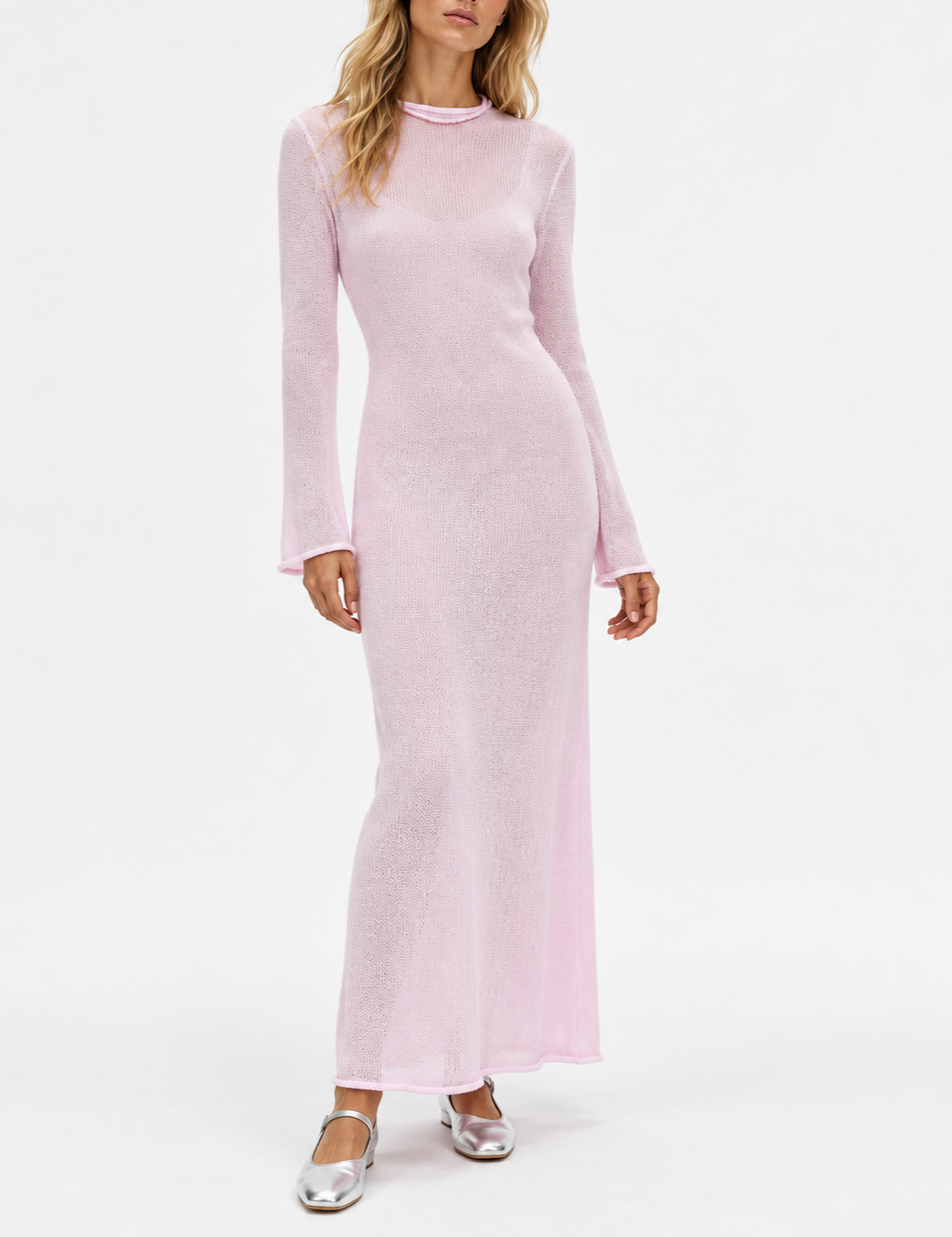 Ladies See Through Round Neck Long Sleeves Maxi Dress