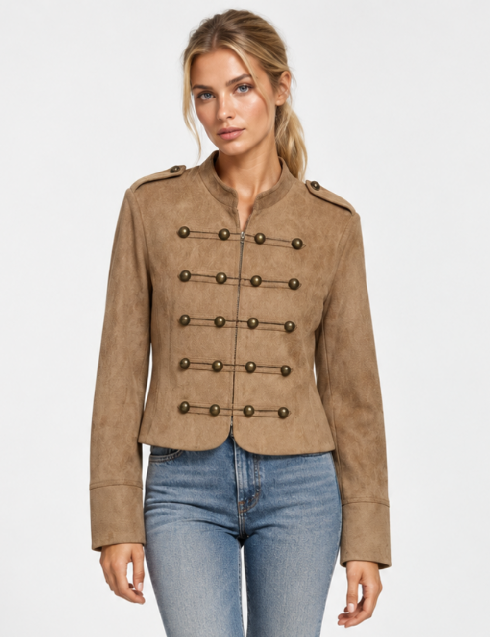 Ladies Faux Suede Stand Collar Frog Button Jacket