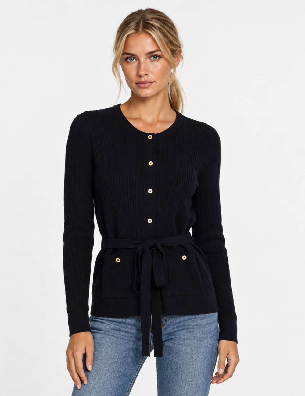 Ladies Crew Neck Ribbed Knit Belted Cardigan