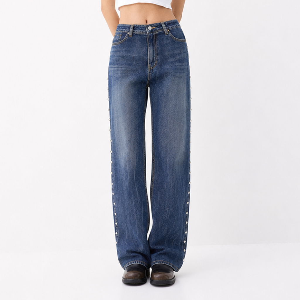 Women's High Waist Side Studded Wide Leg Jeans