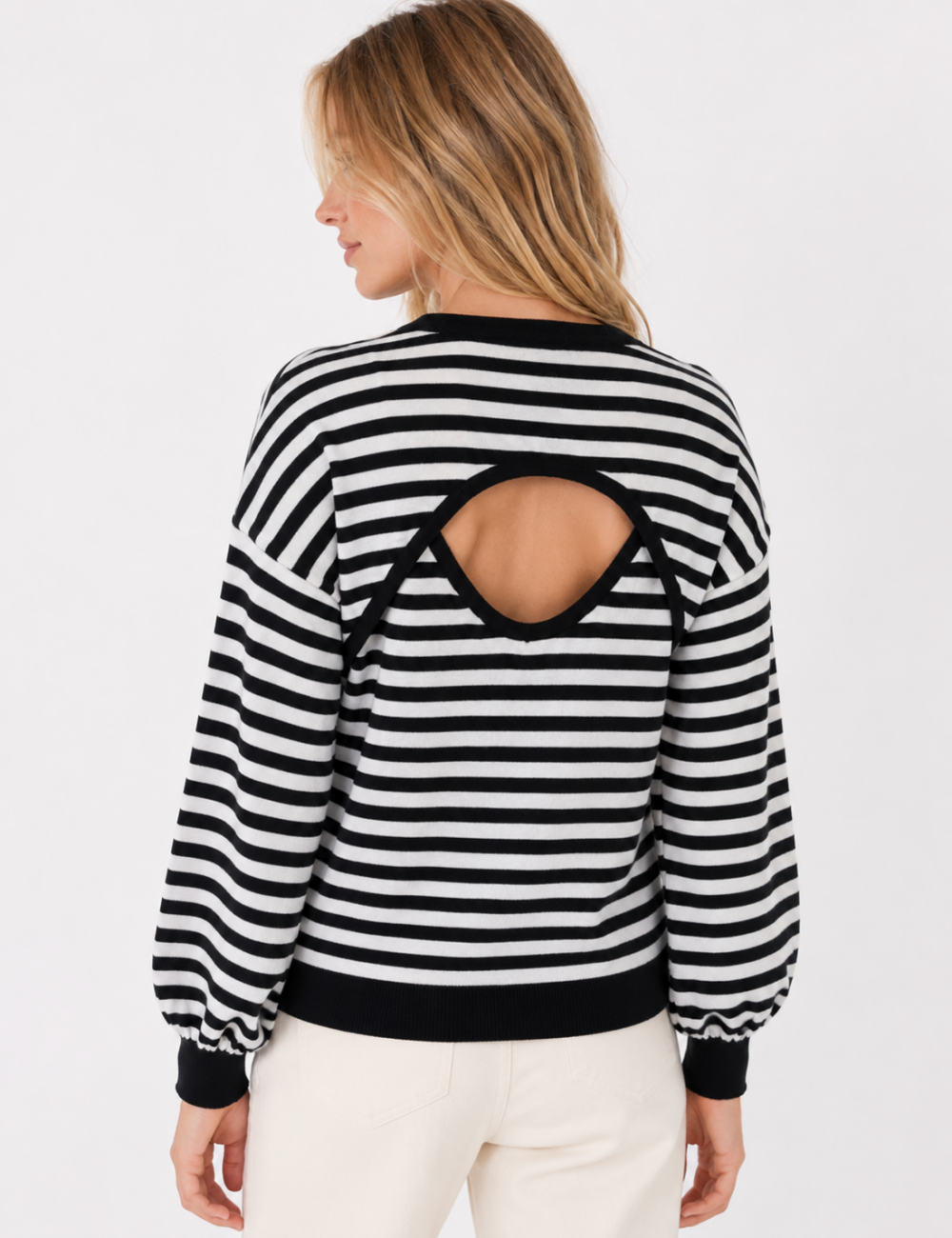 Ladies Stripe Back Cutout Long Sleeve Knit Sweater
