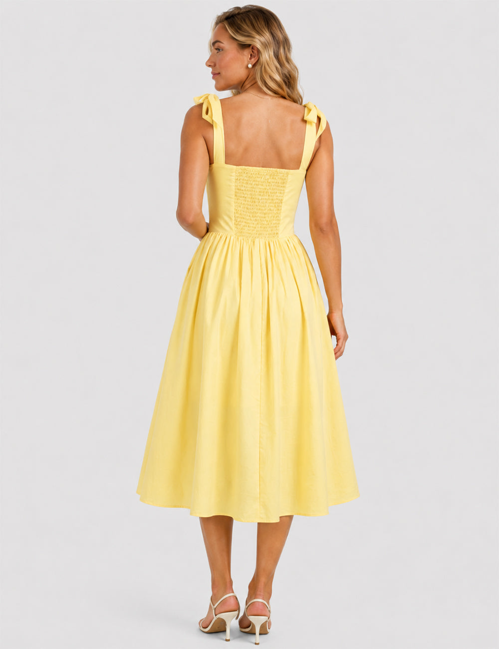 Ladies Elegant Square Neck Tie Strap Shoulder Midi Dress