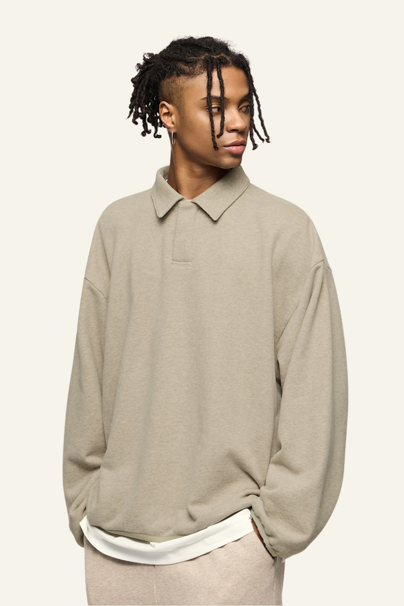 Men's Streetwear Polo Collar Drop Shoulders  Sweatshirt.