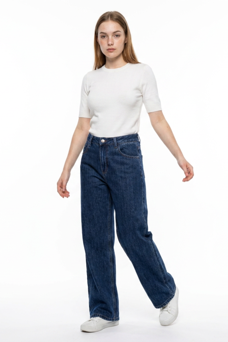 Women's Navy Blue Wash High Waist Straight Leg Jeans