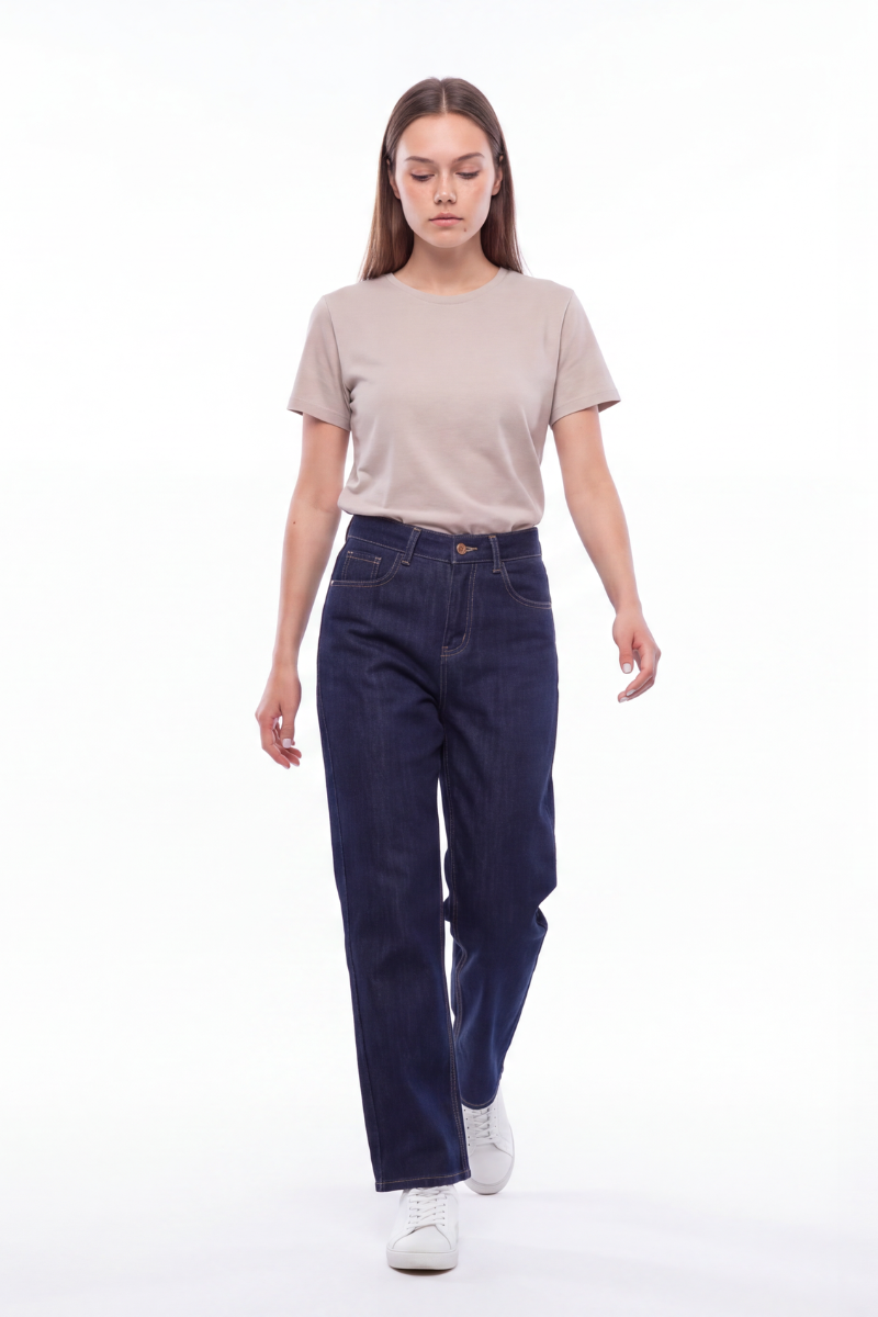 Women's Raw Denim Blue High Waist Straight Leg Jeans