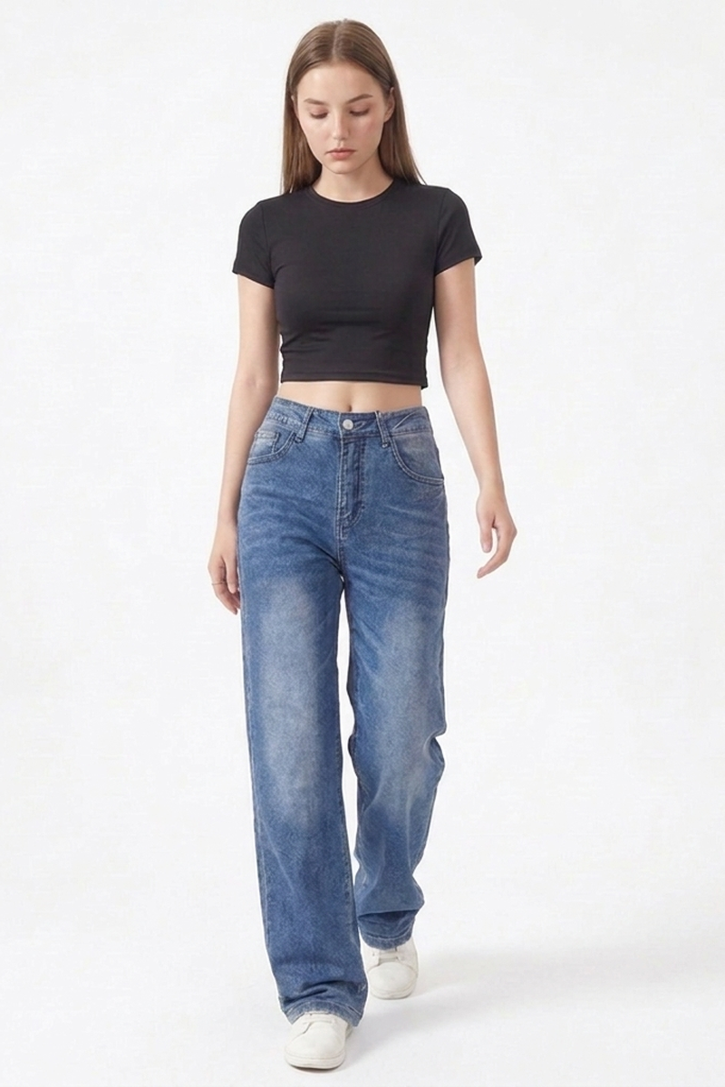 Women's Classic Blue Washed High Waist Straight Leg Jeans