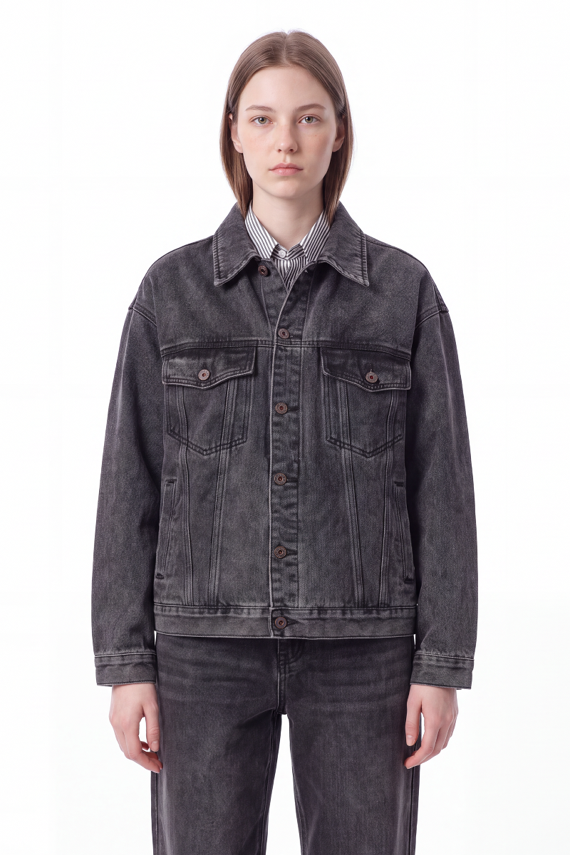 Women's Washed Black Grey Classic Denim Jacket