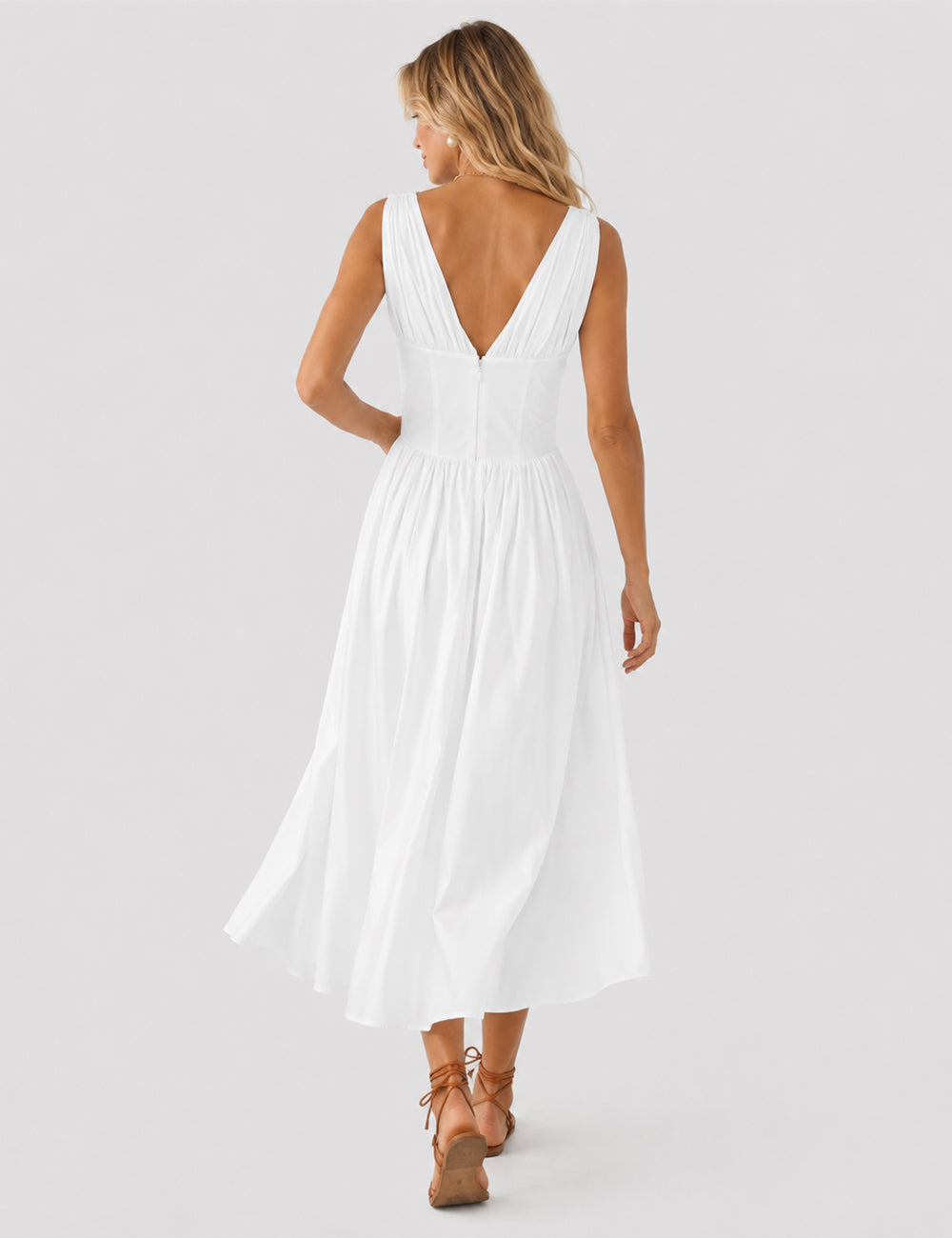 Ladies White Deep V Neck Ruched Bust Midi Dress