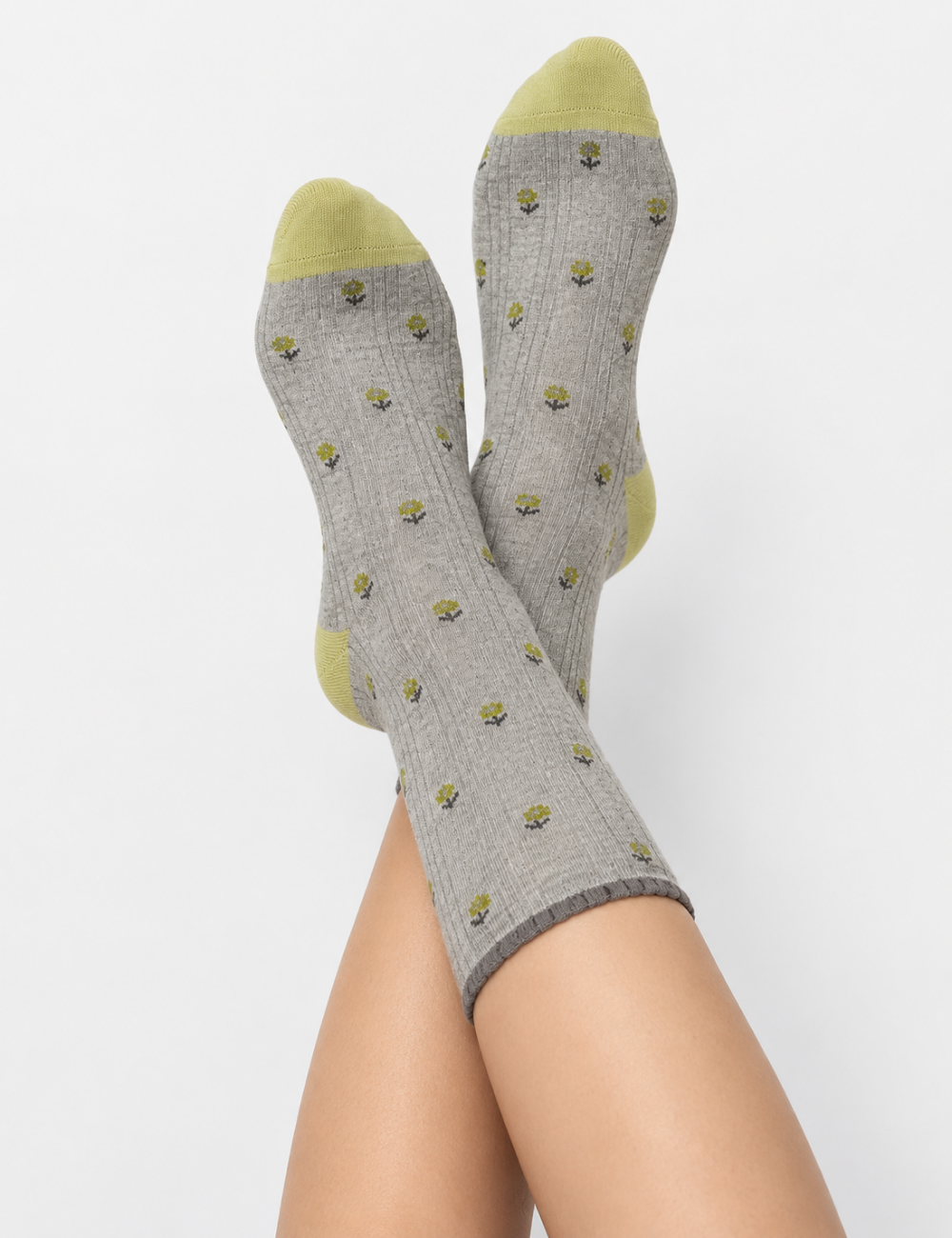Ladies Floral Pattern Contrast Toe Mid Calf Socks