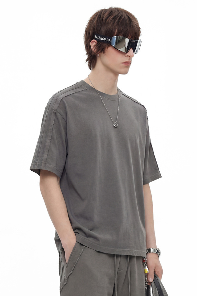 Men's 275g Cotton Washed Raw Edge Patchwork Sports Tee