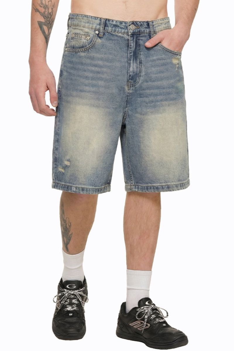 Men's Summer 385g Loose Raw Edge Ripped 5" Denim Shorts