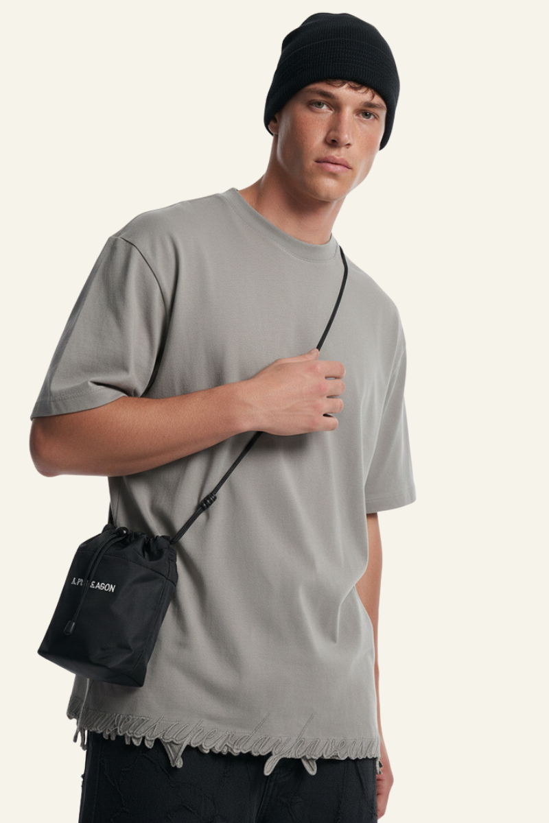 Men's Streetwear  Embroidered Raw-Edge Drop-Shoulder T-Shirt