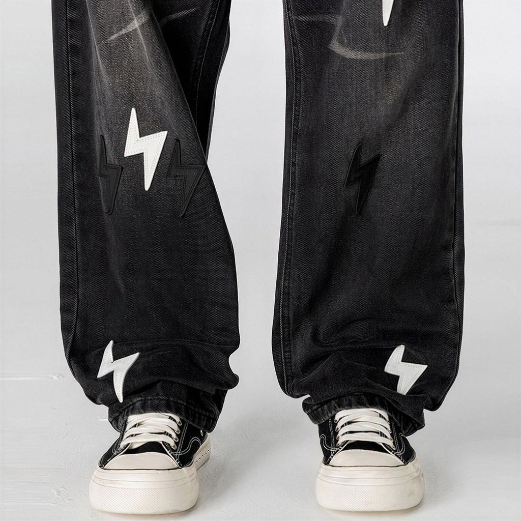 Men's Spring Washed Black & White Lightning Wide Leg Jeans
