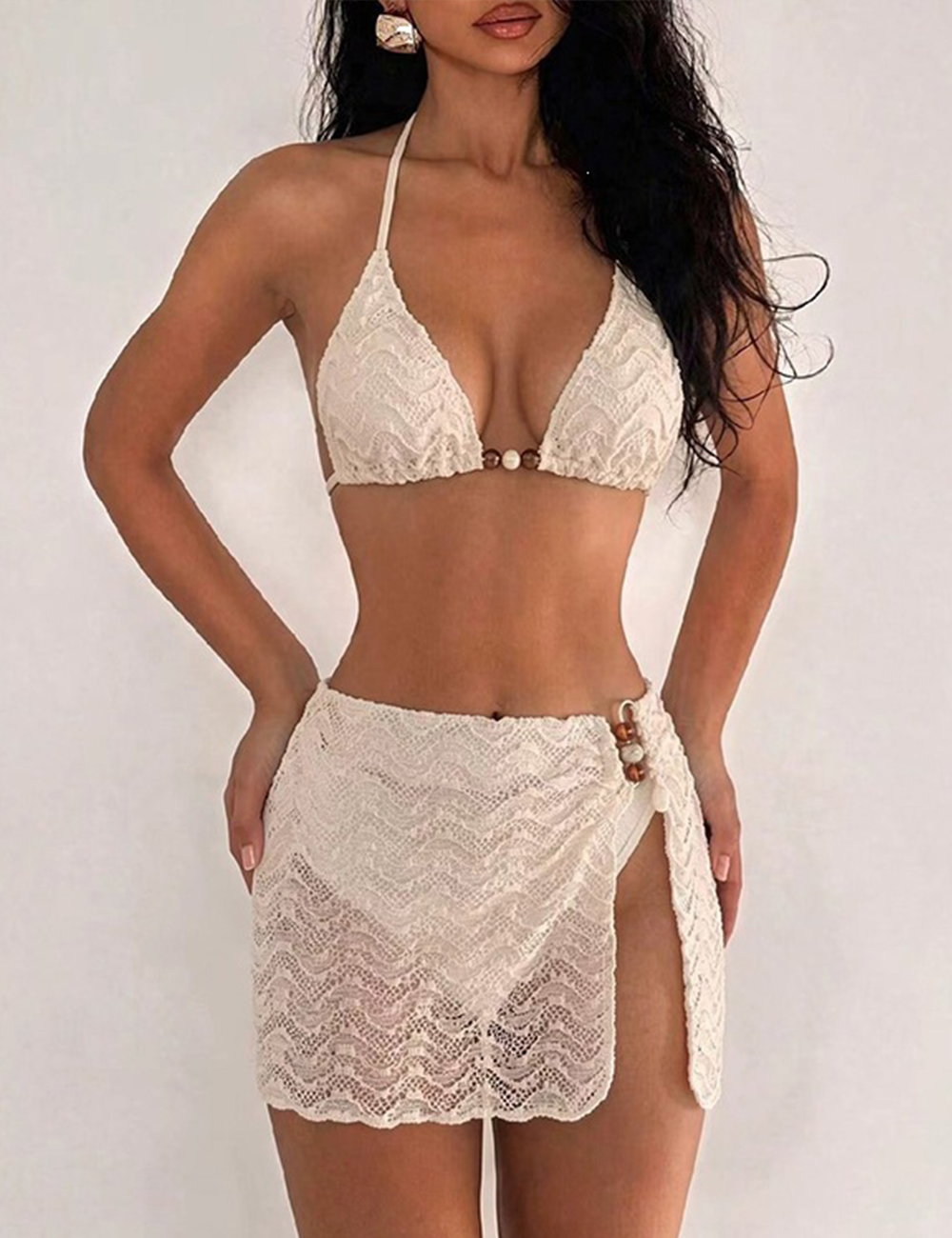 Ladies Halter Neck Lace Trim Bikini Set with Cover Skirt