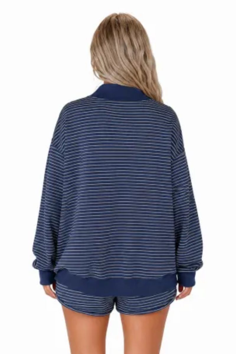 Women Fall Clothing Striped Mock Neck Sweatshirt Shorts Set