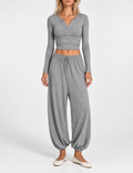 Ladies Henley Crop Top Balloon Pants 2PCS Lounge Set