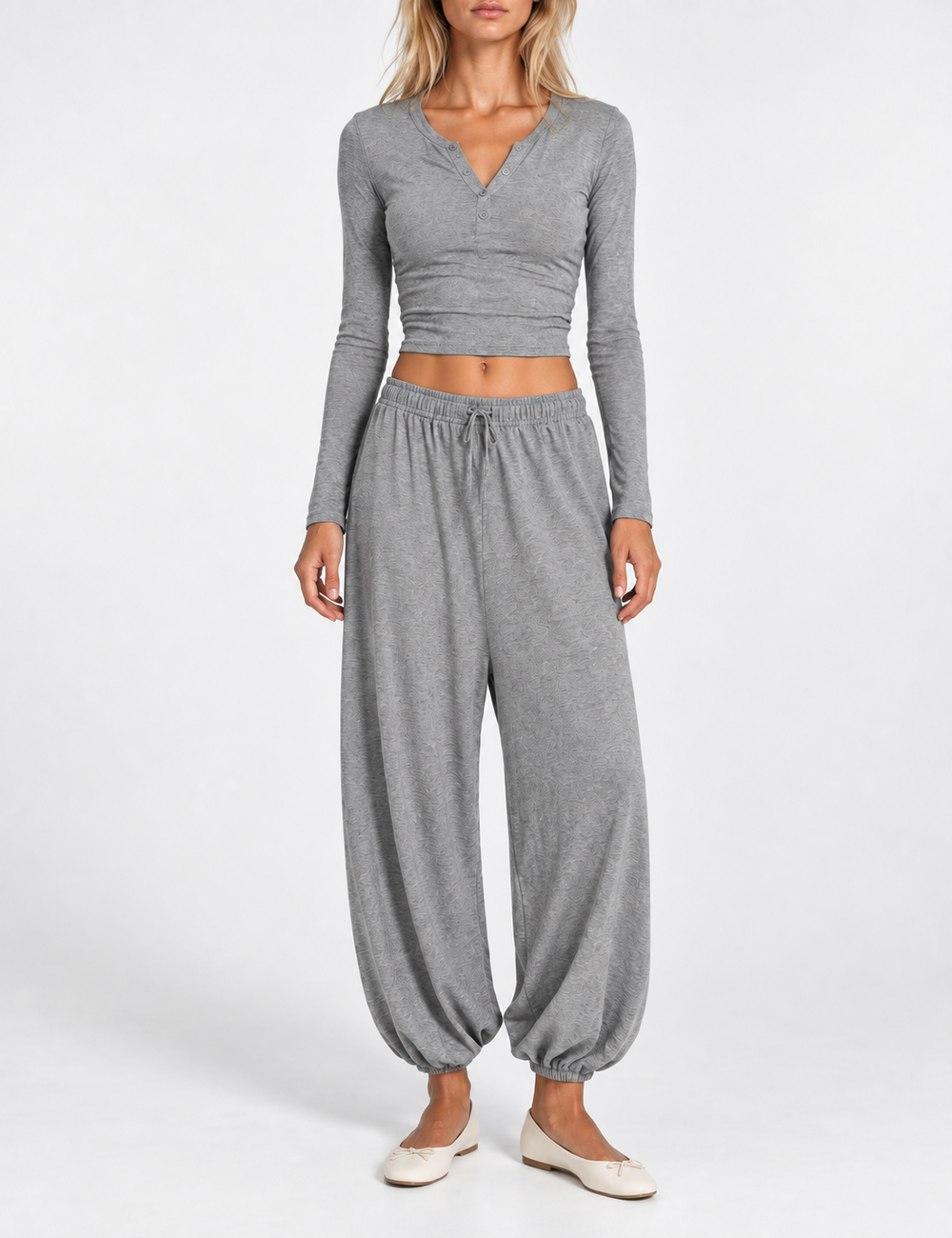 Ladies Henley Crop Top Balloon Pants 2PCS Lounge Set