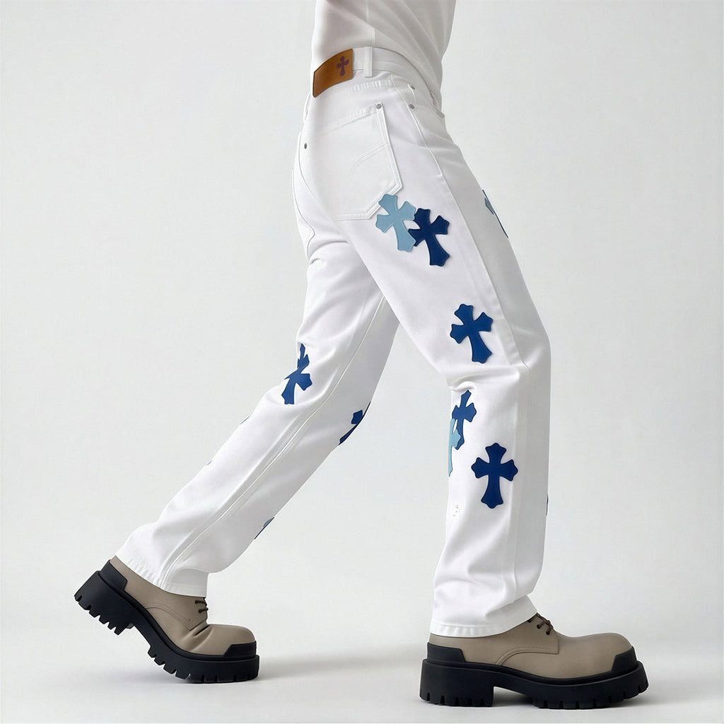 Men's Spring White Cross Patch Wide-Leg Denim Jeans