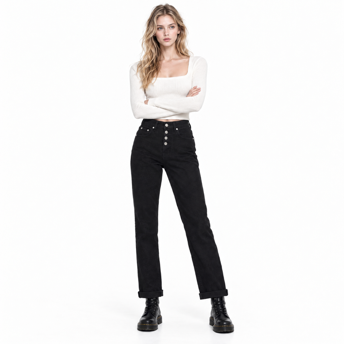 Women's Black Button Fly High Waist Straight Leg Jeans