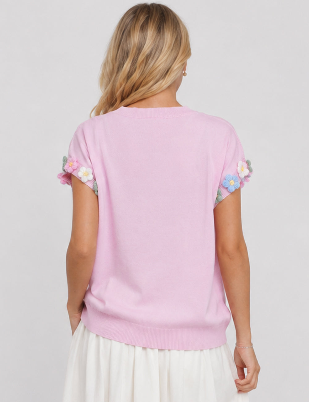 Ladies 3D Flower Pullover Short Sleeves Knit Top