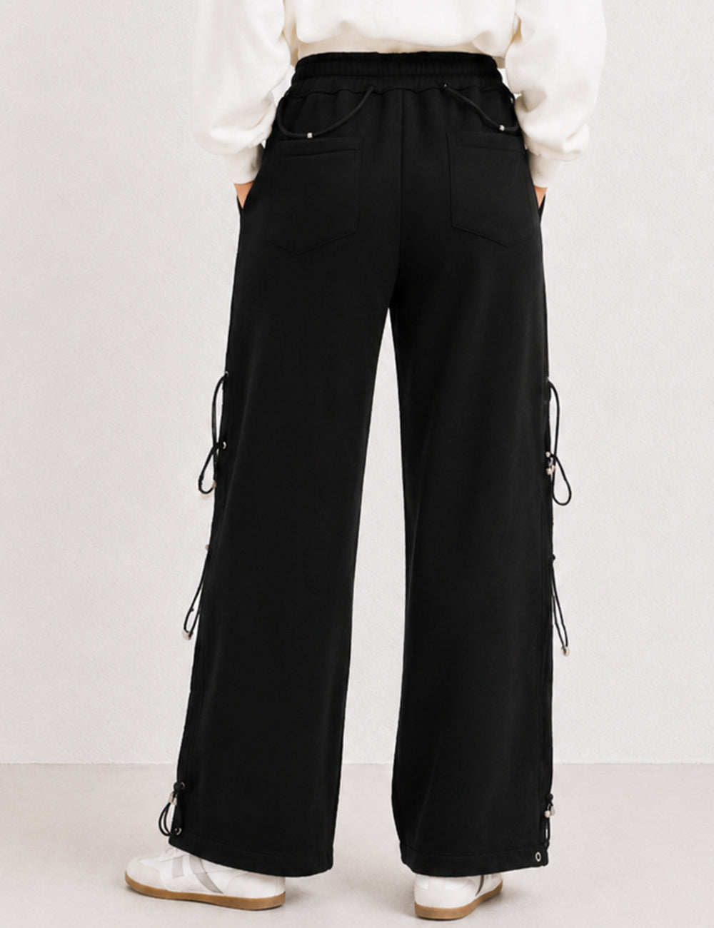 Ladies Drawstring Metal Toggle Elastic Waist Wide Leg Pants