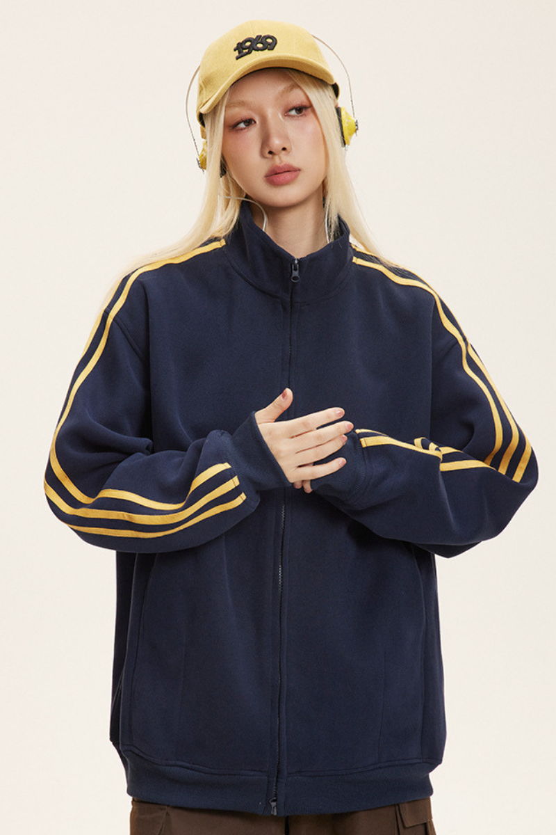 Unisex American Retro 3-Stripe Zip Hoodie - Oversized