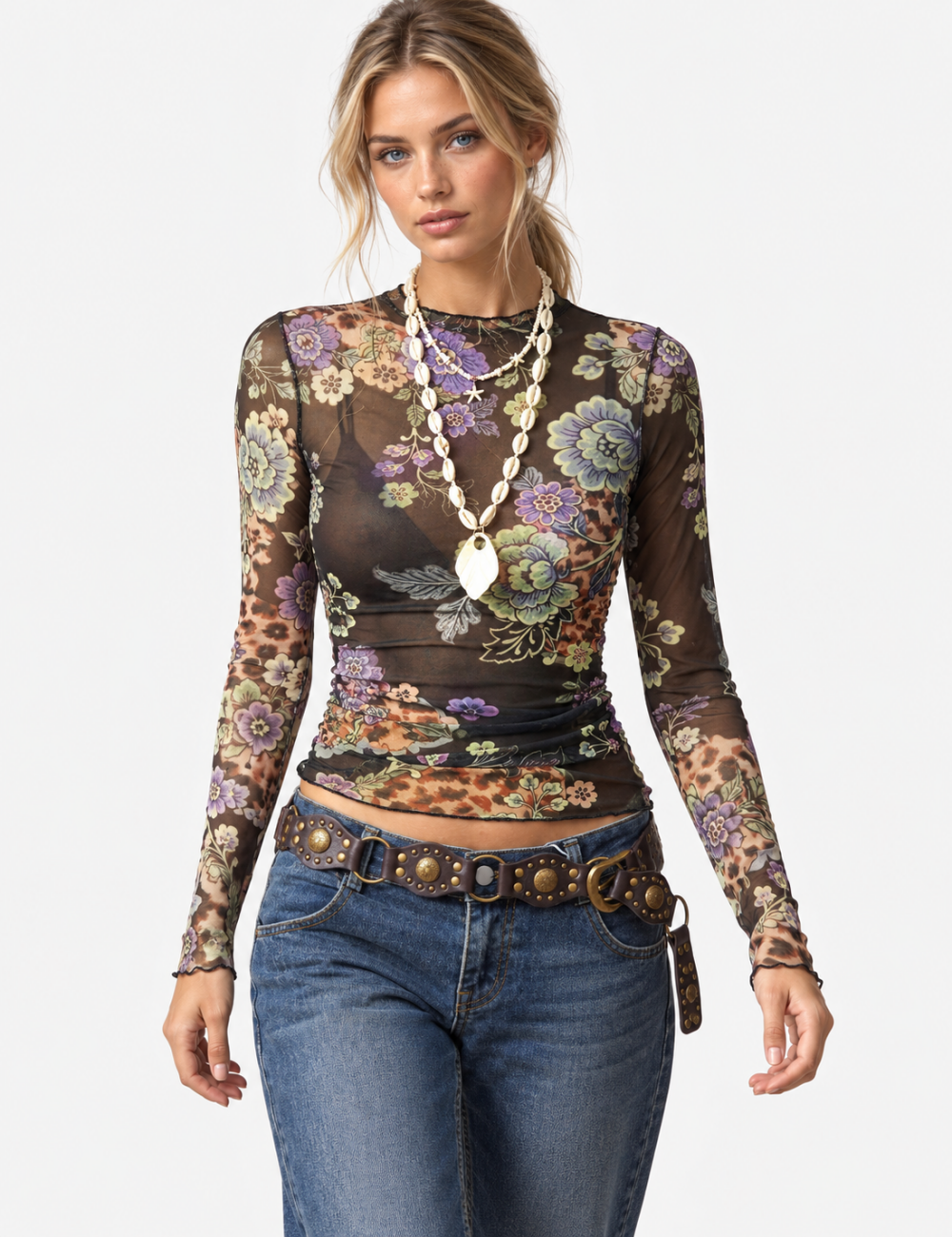 Ladies Floral Leopard Mesh Lettuce Edge Mock Neck Top