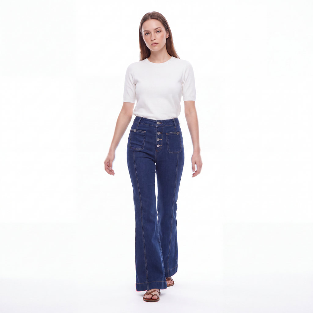 Women's High Waist Button Fly Stretch Flare Jeans