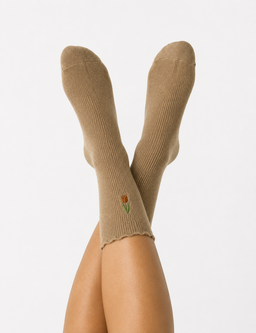 Ladies Sweet Tulip Embroidery Ruffle Edge Crew Socks