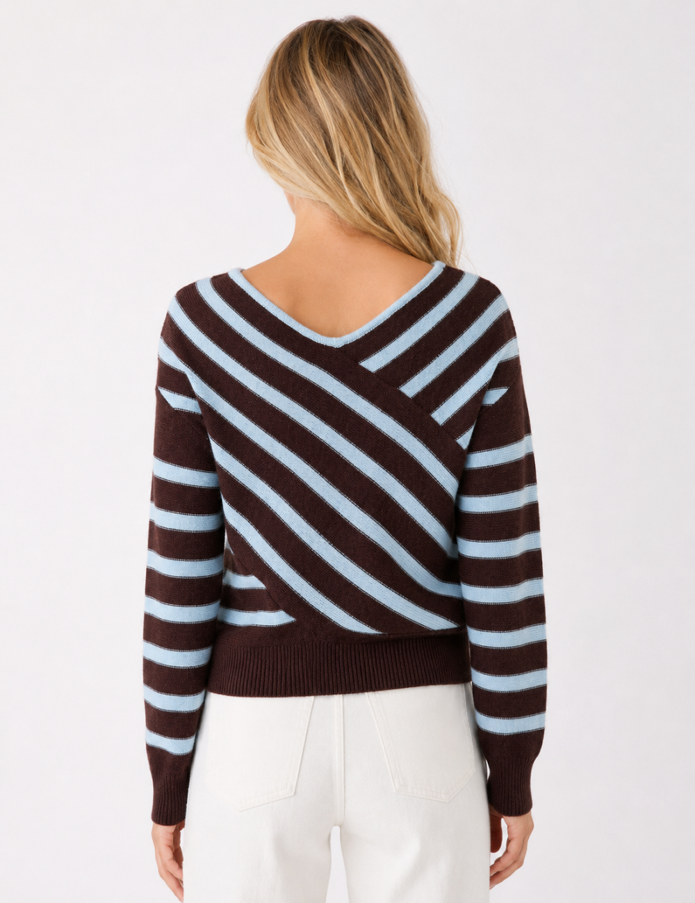 Ladies V Neck Striped Off Shoulder Long Sleeve Sweater