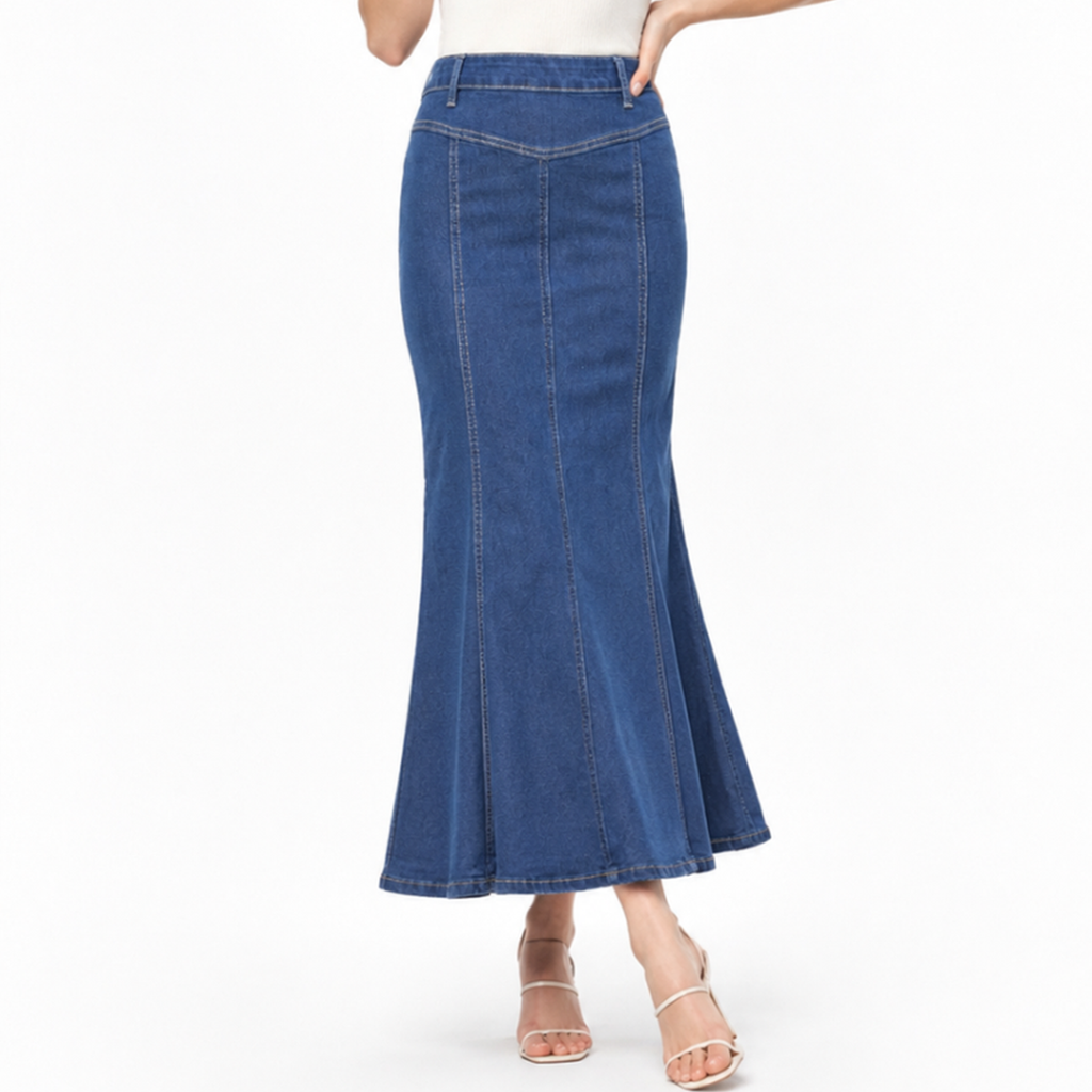 Women's High Waist Vintage Wash Fishtail Long Denim Skirt