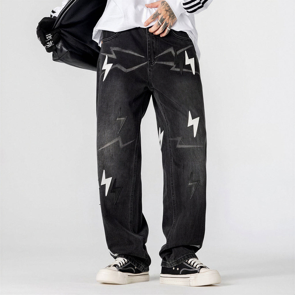 Men's Spring Washed Black & White Lightning Wide Leg Jeans