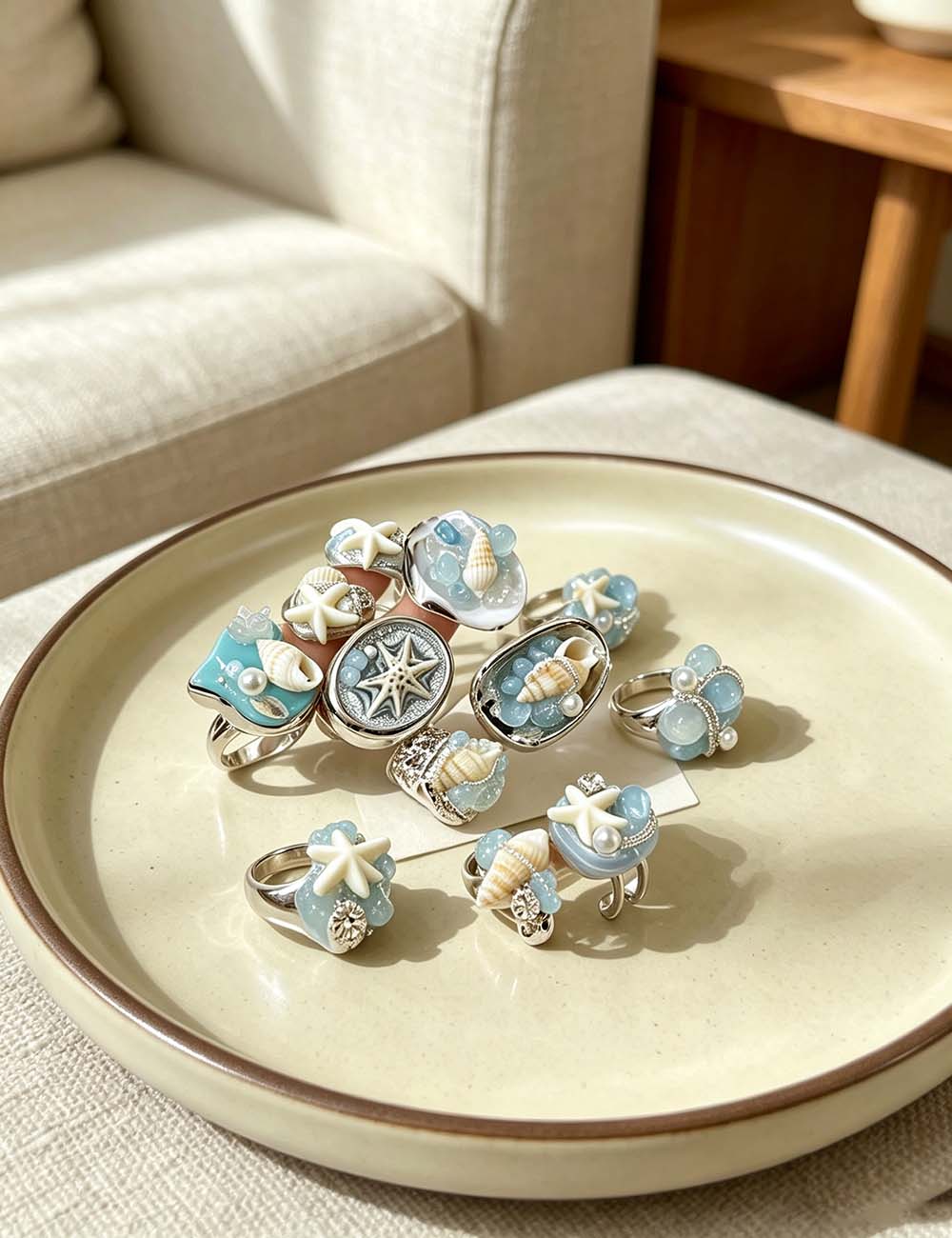 Ladies Coastal Seashell Starfish Beaded Statement Rings