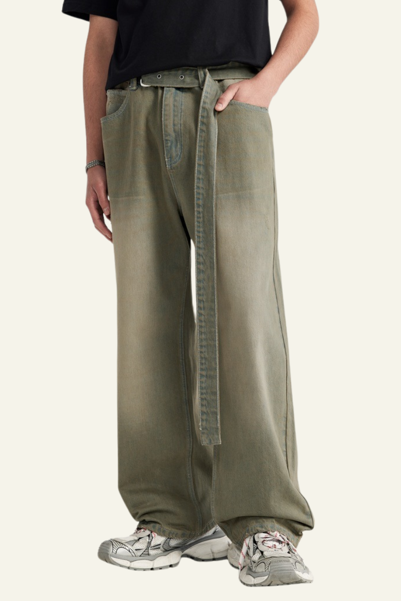 Men's Streetwear Vintage Washed Distressed Wide-Leg Jeans