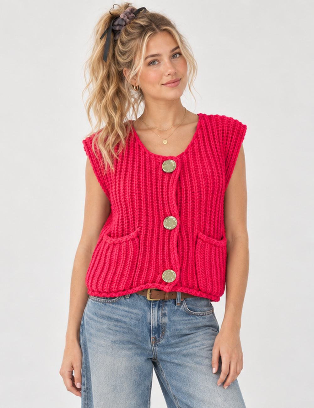 Ladies Button Front Chunky Knit Crop Sweater Vest