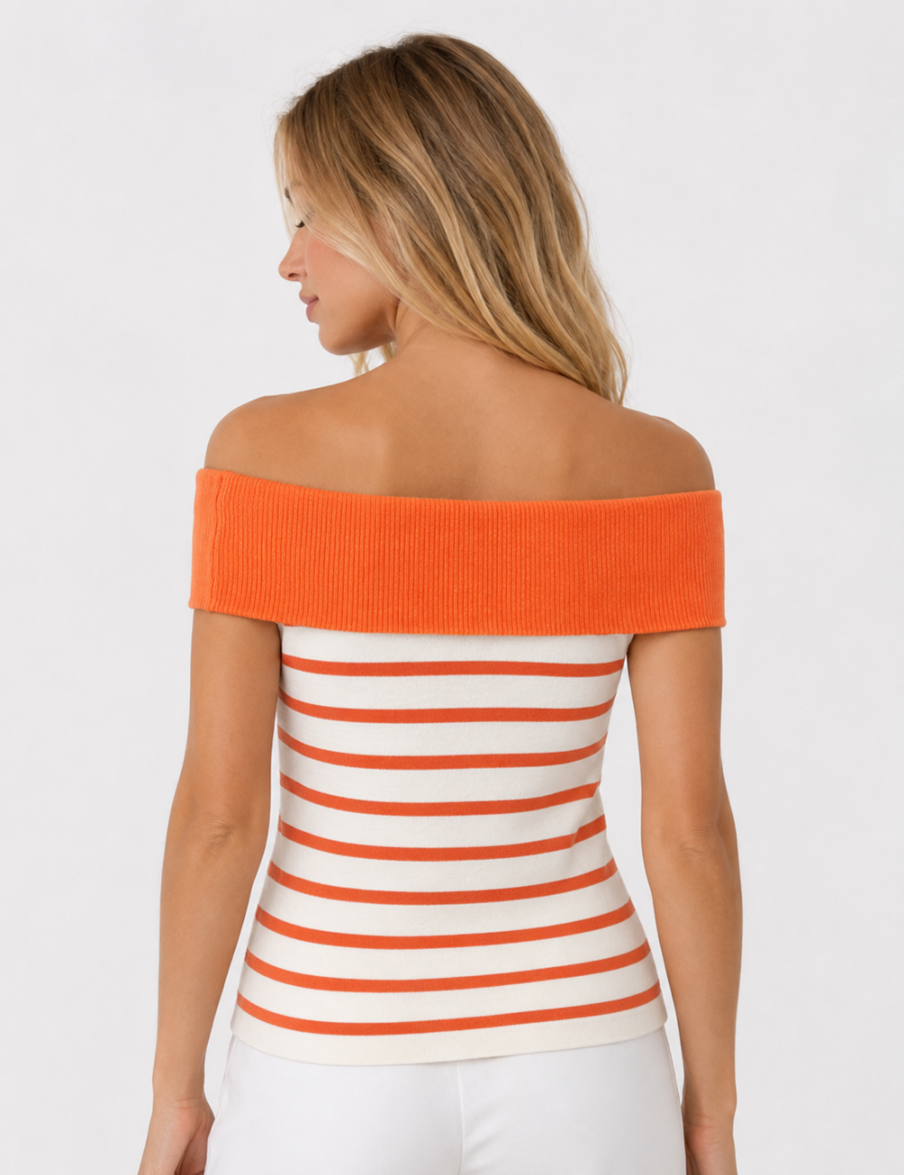 Ladies Off Shoulder Striped Button Detail Knit Top