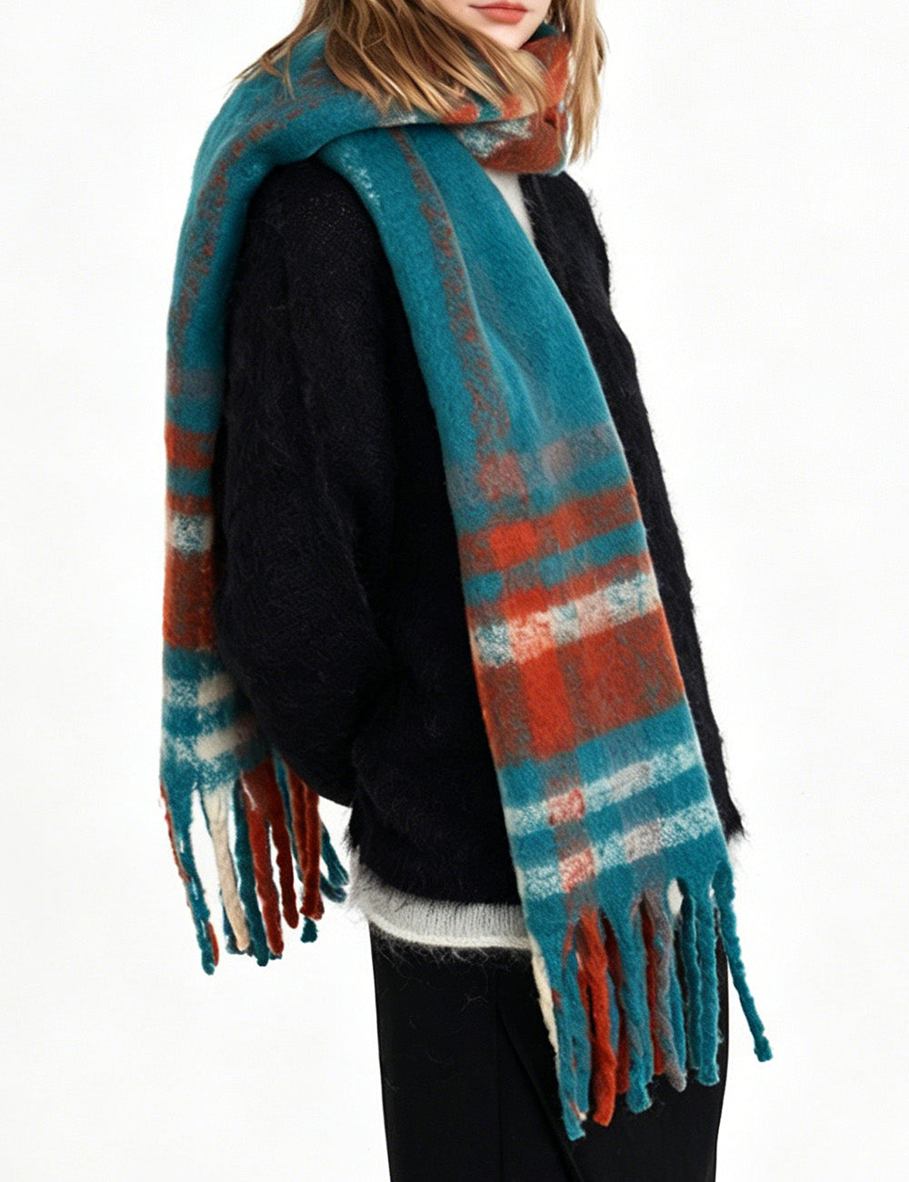 Ladies Check Fringe Long Scarf
