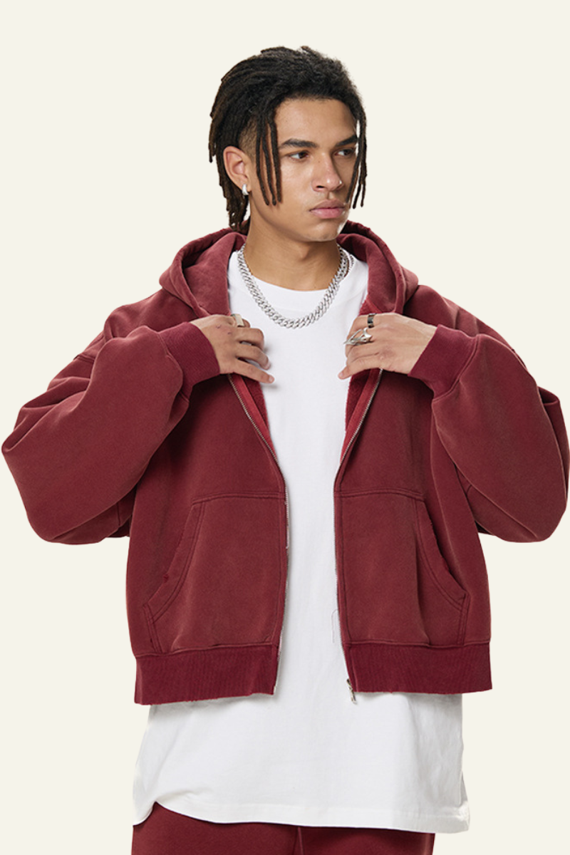 Men's Heavyweight Washed Full Zipper Hooded Jacket