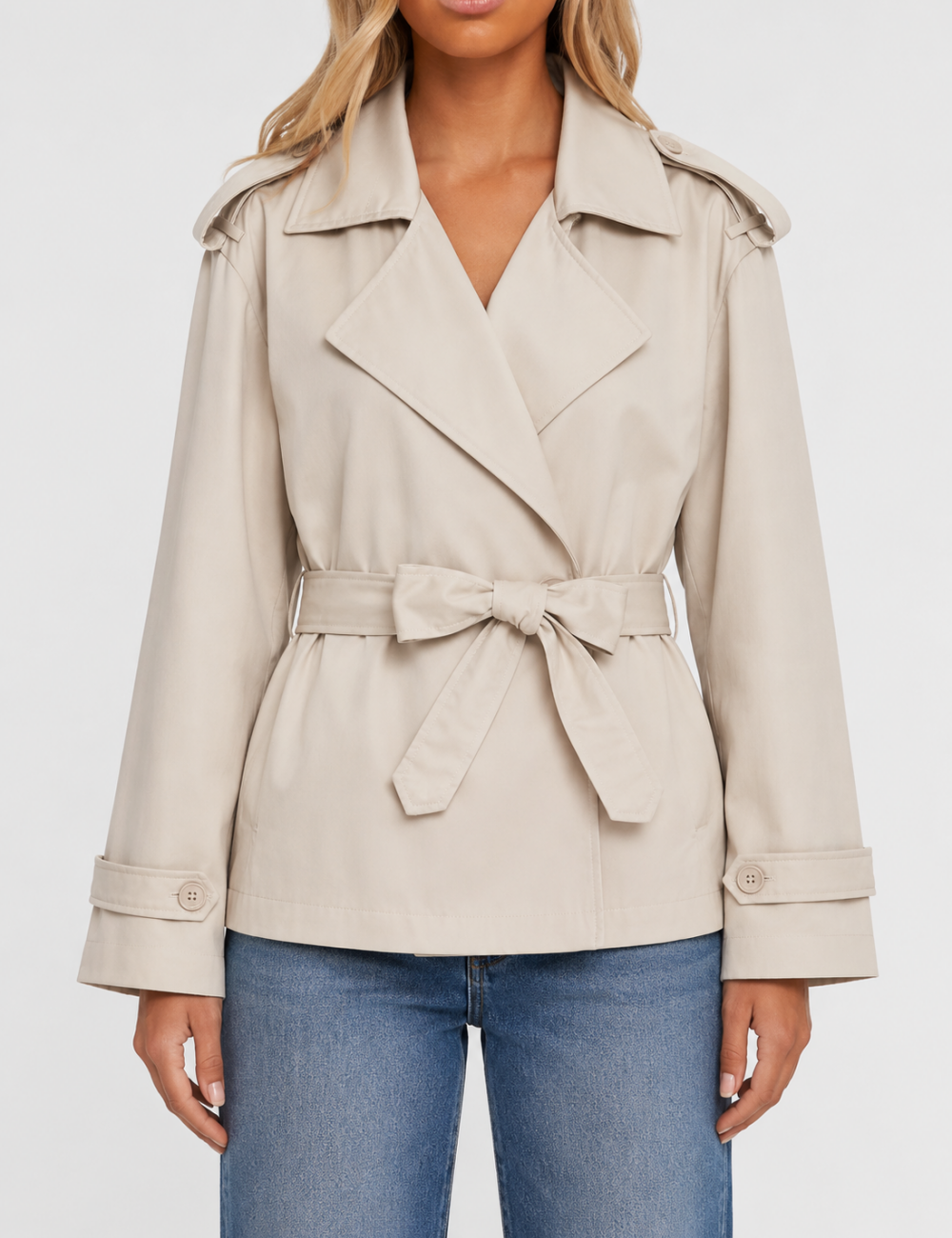 Ladies Lapel Collar Belted Short Trench Coat