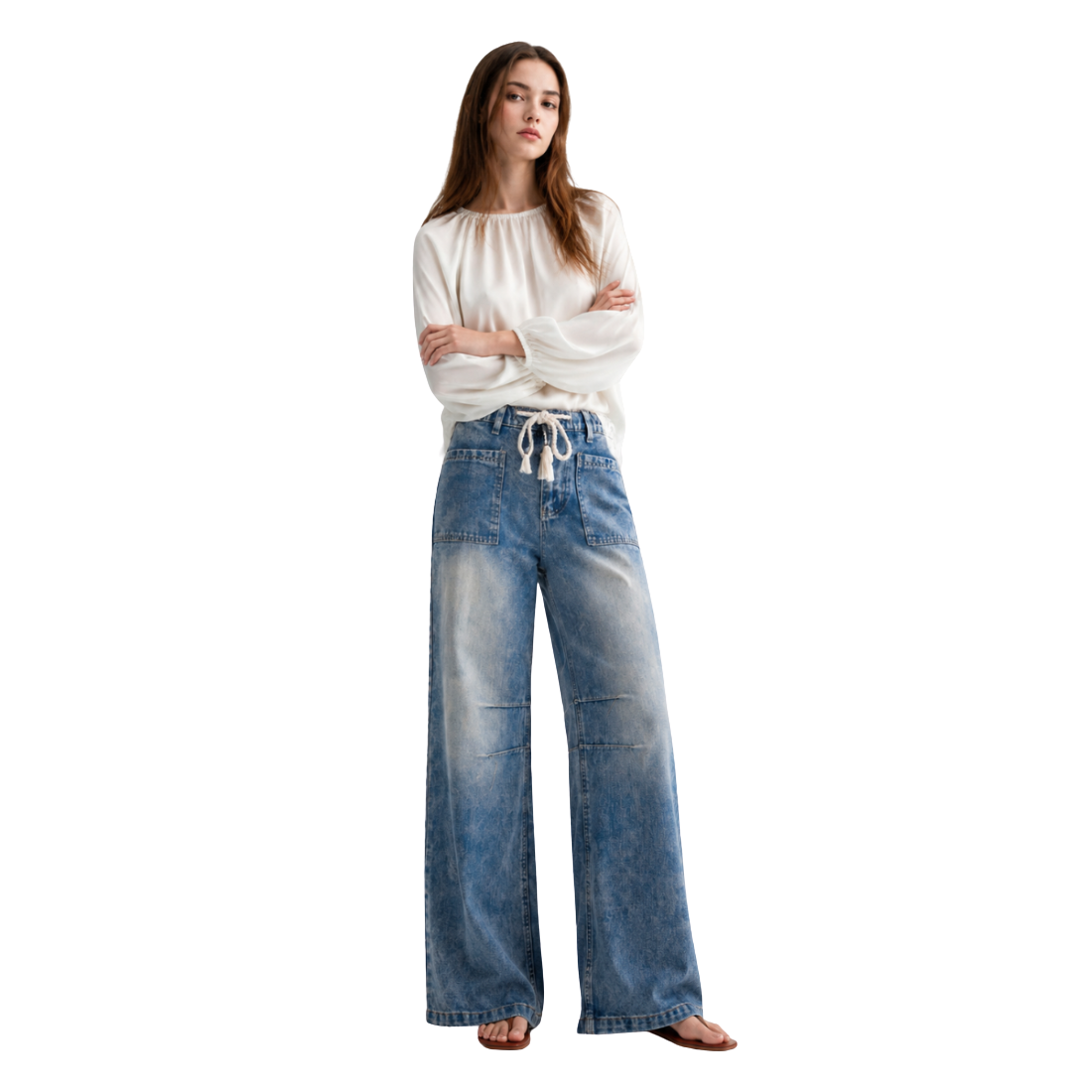 Women's High Waist Drawstring Wide Leg Jeans